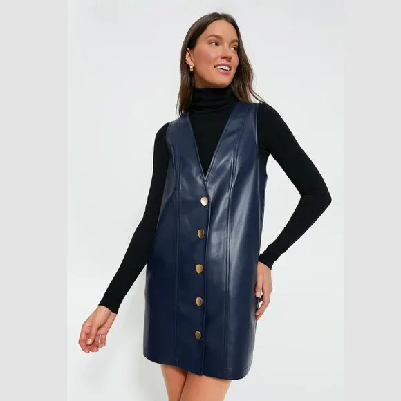 Tuckernuck Hyacinth House Navy Faux Leather Pinafore Dress with Snap Front